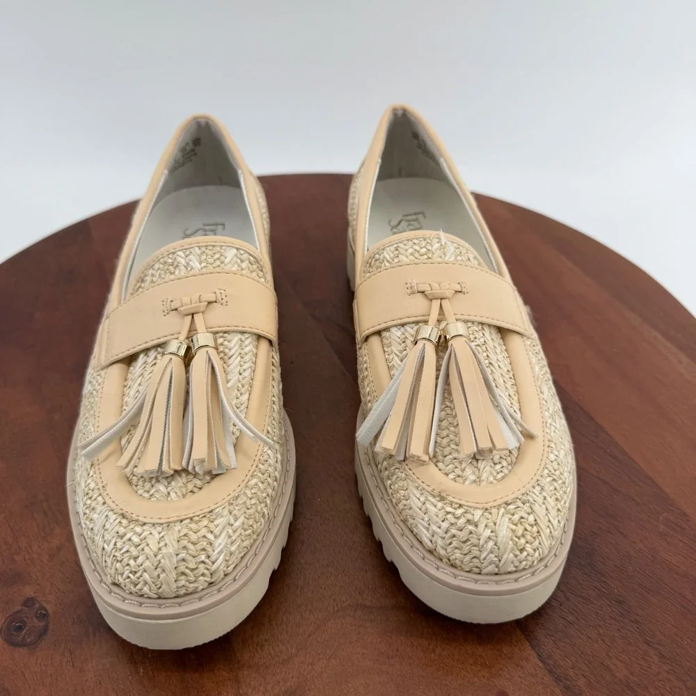 Franco Sarto Carney3 Beige Woven Raffia Tassel Lug Sole Loafers Womens 8M EUR 38